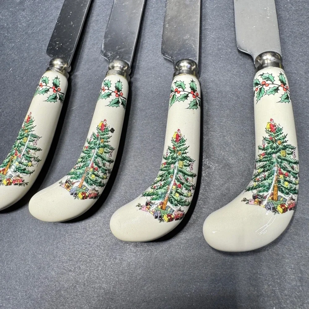Spode Christmas Tree Cheese Spreaders Set of 4 Stainless Steel Ceramic Handles
